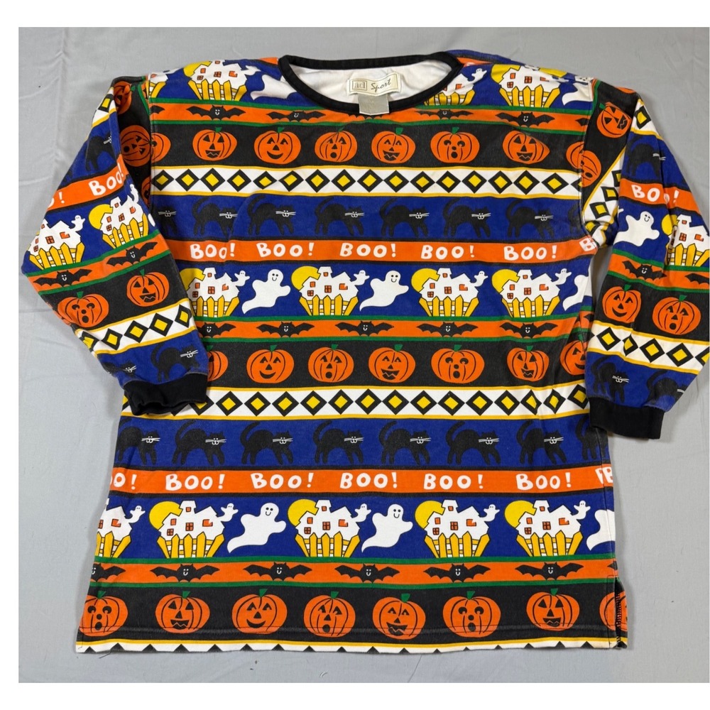 Vintage id Sport Halloween Shirt Women Medium Long Sleeve Pumpkin Cat Ghost Boo